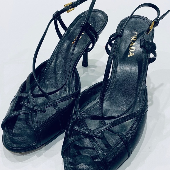 PRADA sz 39 Black Leather Strappy Slingback Heels - Picture 2 of 7